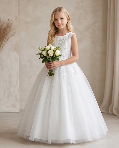 Girl wearing a white communion dress 