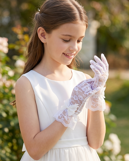 Girls’ White Lace Communion Gloves with Bows | 4–12 Years