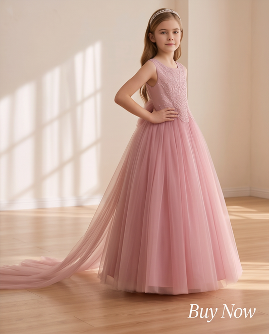 Elegant Dusty Pink Tulle Flower Girl Dress for Girls