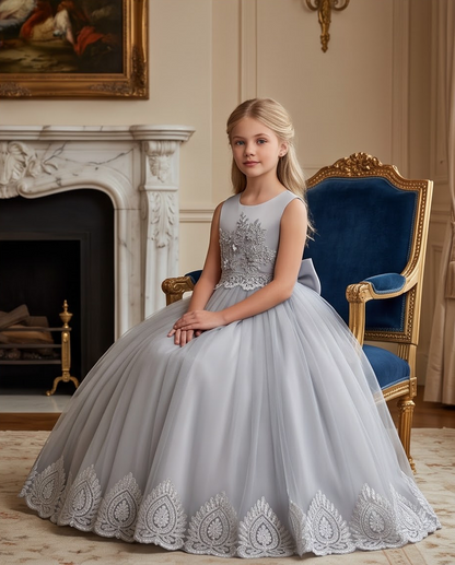 Vivienne Lace Flower Girl Dress for Girls | White & Grey Formal Dress
