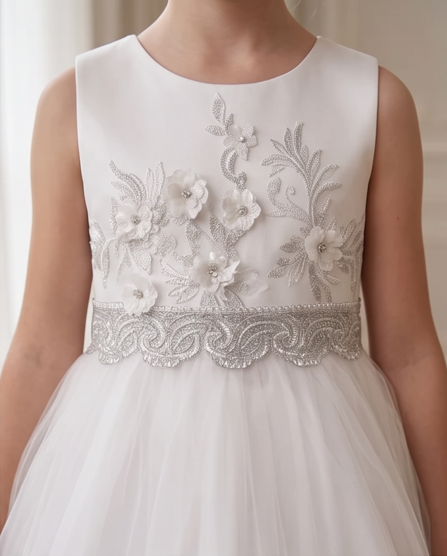 Vivienne Lace Flower Girl Dress for Girls | White & Grey Formal Dress