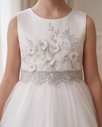 Vivienne Lace Flower Girl Dress for Girls | White & Grey Formal Dress