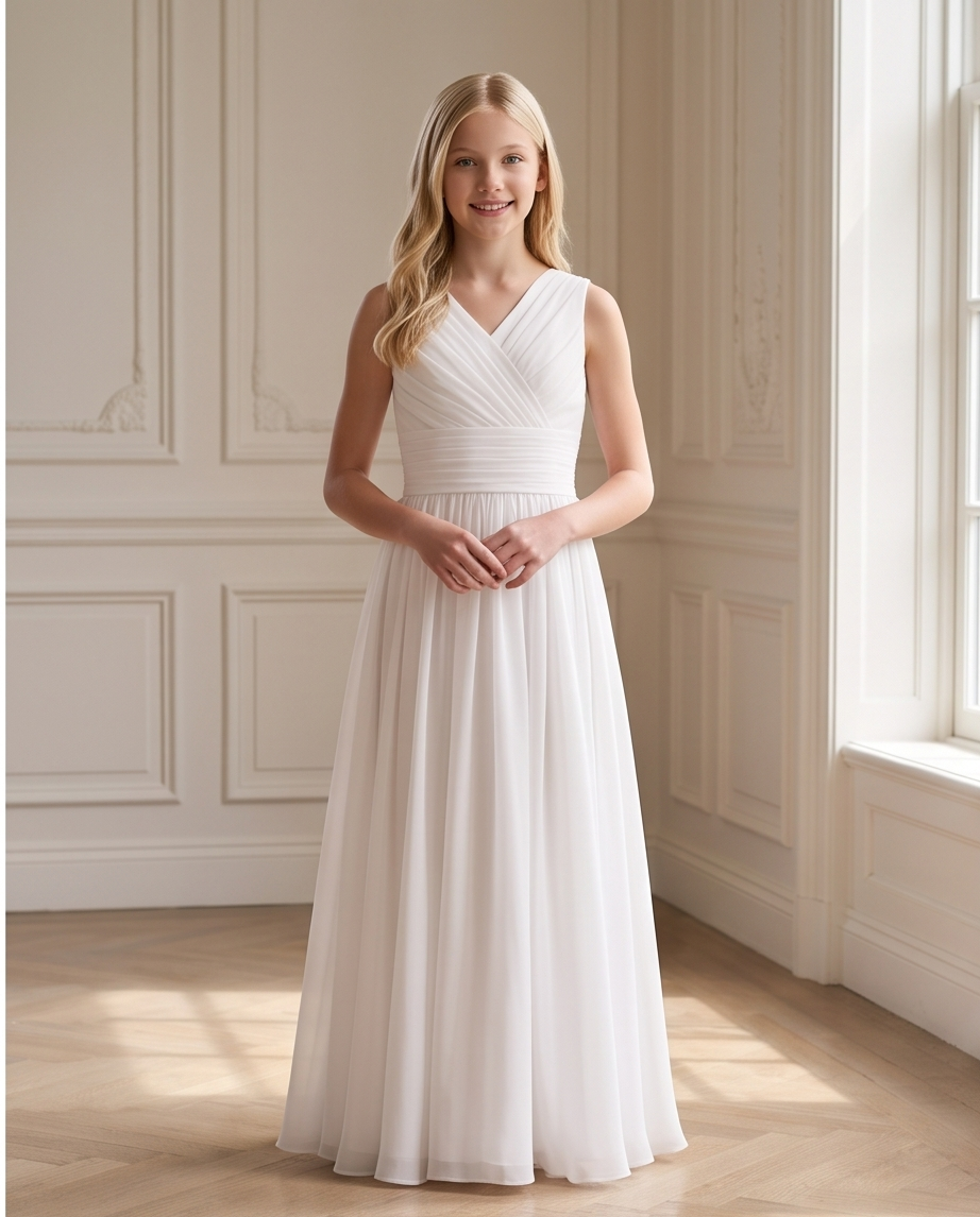 Girls White Chiffon Flower Girl Dress – Elegant Sleeveless Junior Bridesmaid Gown
