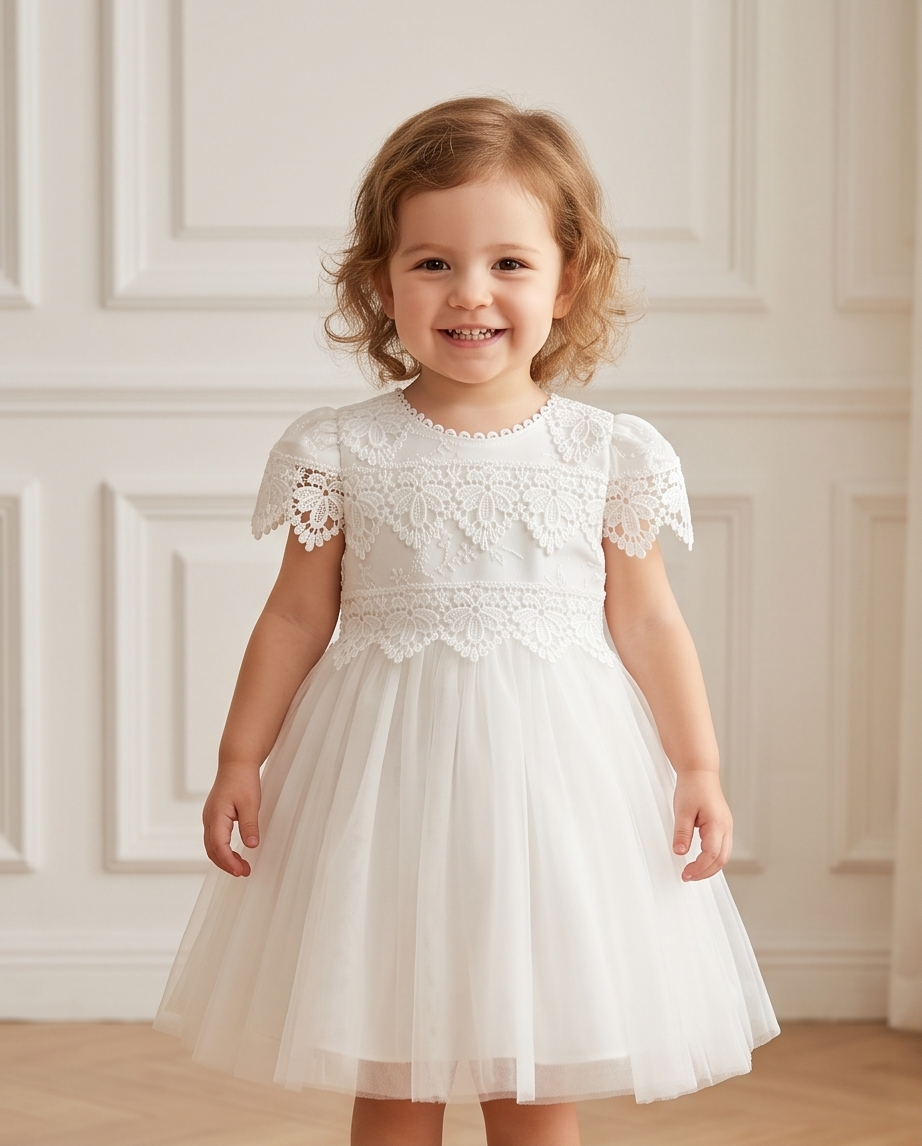 A young child wearing a white lace and tulle formal dress, standing in front of a cream-colored paneled wall.