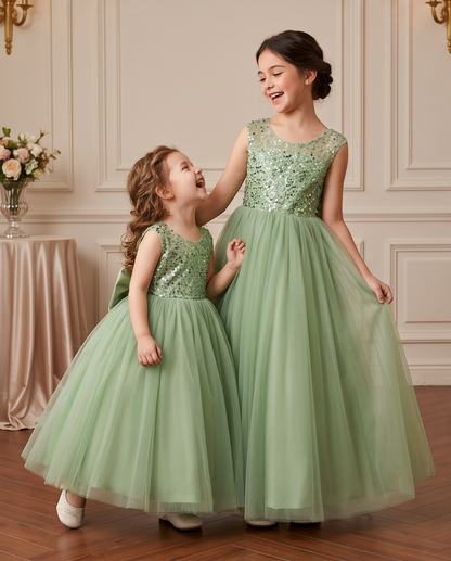 2 girls wearing a sequin green dress