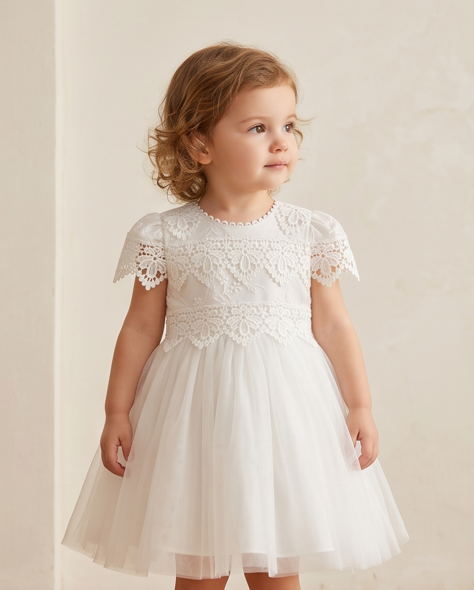 A toddler girl with wavy light brown hair wearing a white lace and tulle first communion dress, standing against a warm beige textured wall.