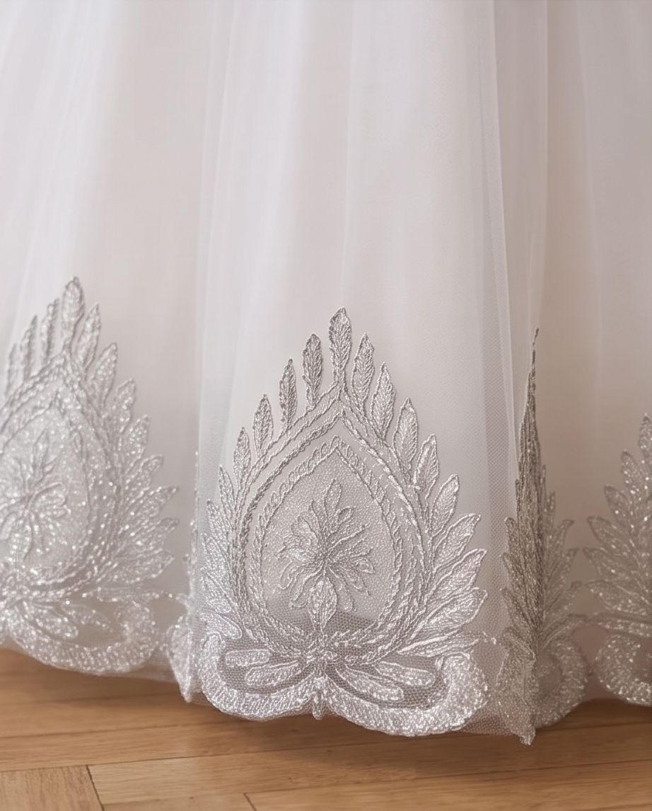 Vivienne Lace Flower Girl Dress for Girls | White & Grey Formal Dress