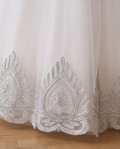 Vivienne Lace Flower Girl Dress for Girls | White & Grey Formal Dress