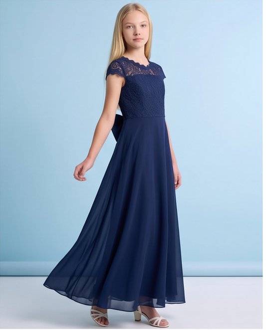 Navy Floral Lace Long Girls’ Occasion Dress