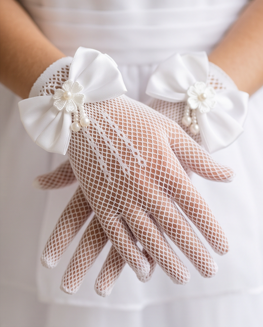 Pearl Lace Communion Gloves for Girls | White Formal Gloves