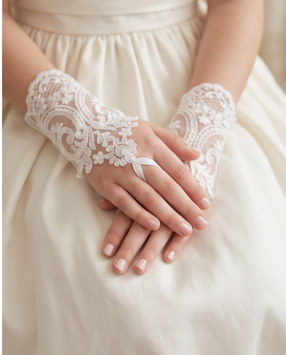 Girls’ White Lace Fingerless Gloves – One Size