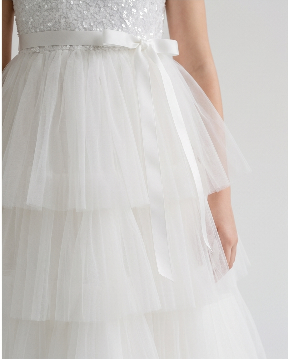 Girls White Sequin Bodice Communion Dress with Tiered Tulle Skirt