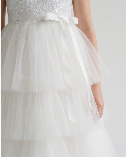 Girls White Sequin Bodice Communion Dress with Tiered Tulle Skirt