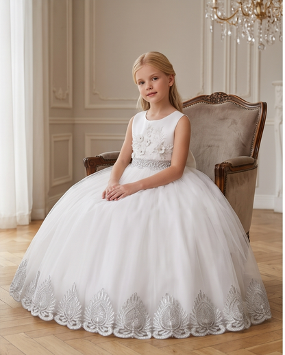 Vivienne Lace Flower Girl Dress for Girls | White & Grey Formal Dress