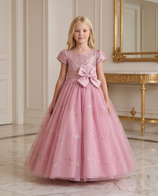 A young girl with blonde hair stands in a grand, elegant room wearing a formal light pink ball gown. The dress features a sparkling lace bodice, short puff sleeves, a matching pink sash with a large bow at the waist, and a voluminous tulle skirt decorated with subtle silver sequins.