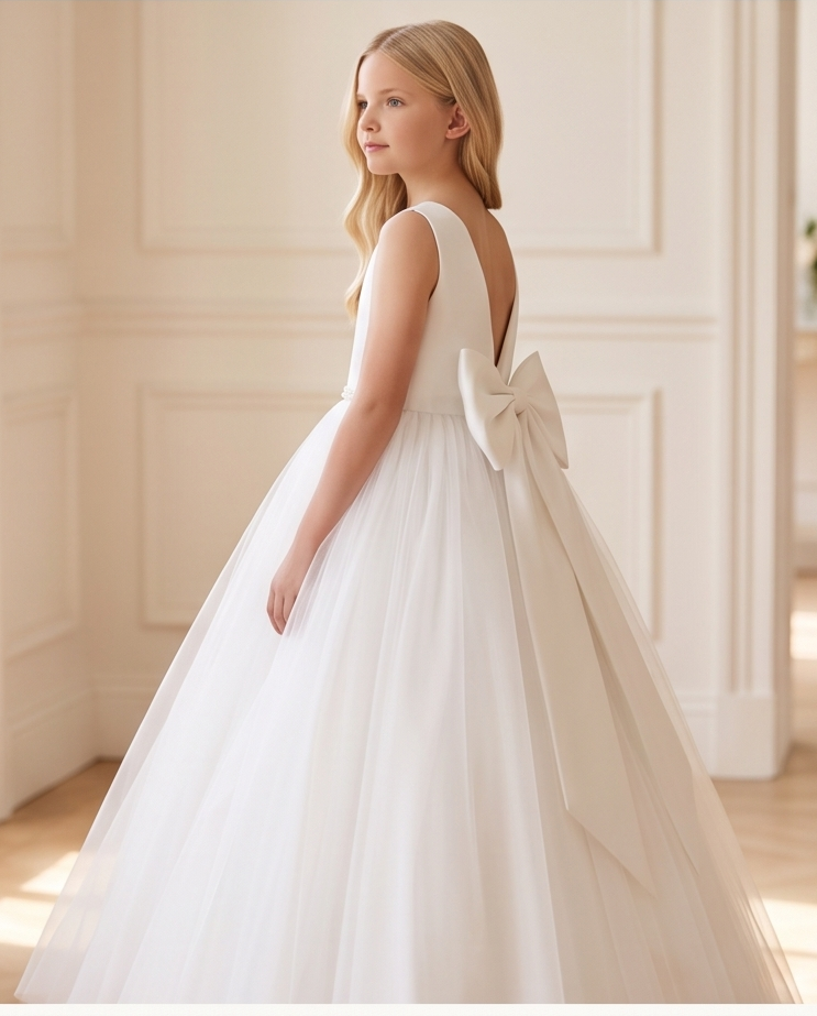 A young girl wearing a sleeveless white tulle ball gown with a large bow at the back, standing in a bright cream-colored room. Text at the bottom reads 'TAP TO PURCHASE THE DREAM DRESS'.