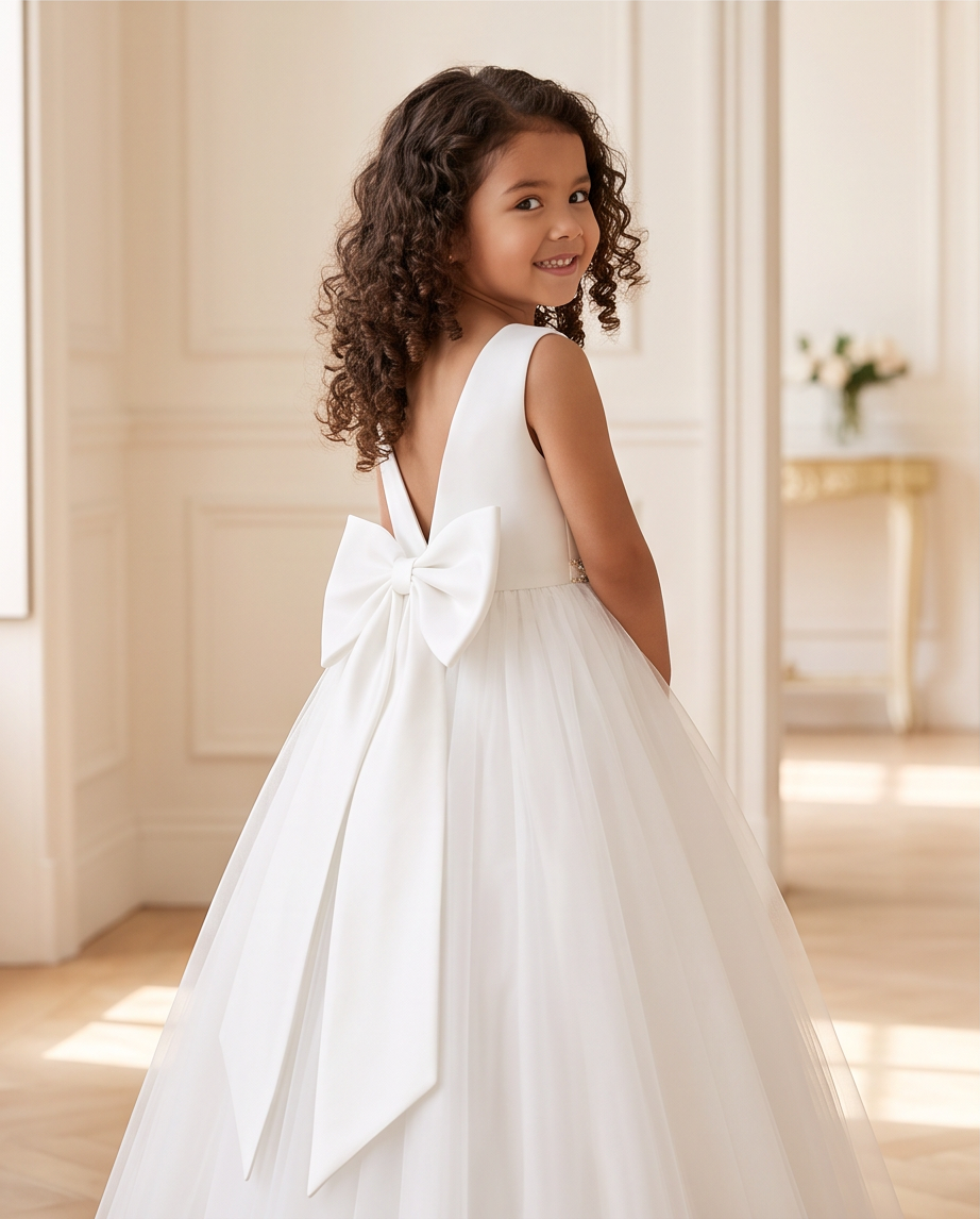 A young girl with curly brown hair wearing a white sleeveless ball gown with a large bow on the back, photographed indoors in a softly lit room.