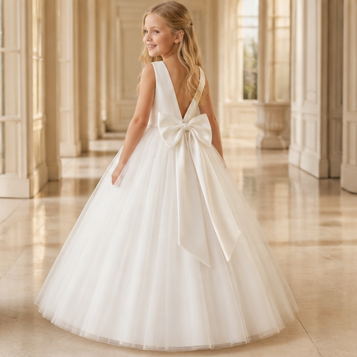 A young girl wearing a white ballgown with a large bow on the back, standing in a grand, sunlit hallway with columns.