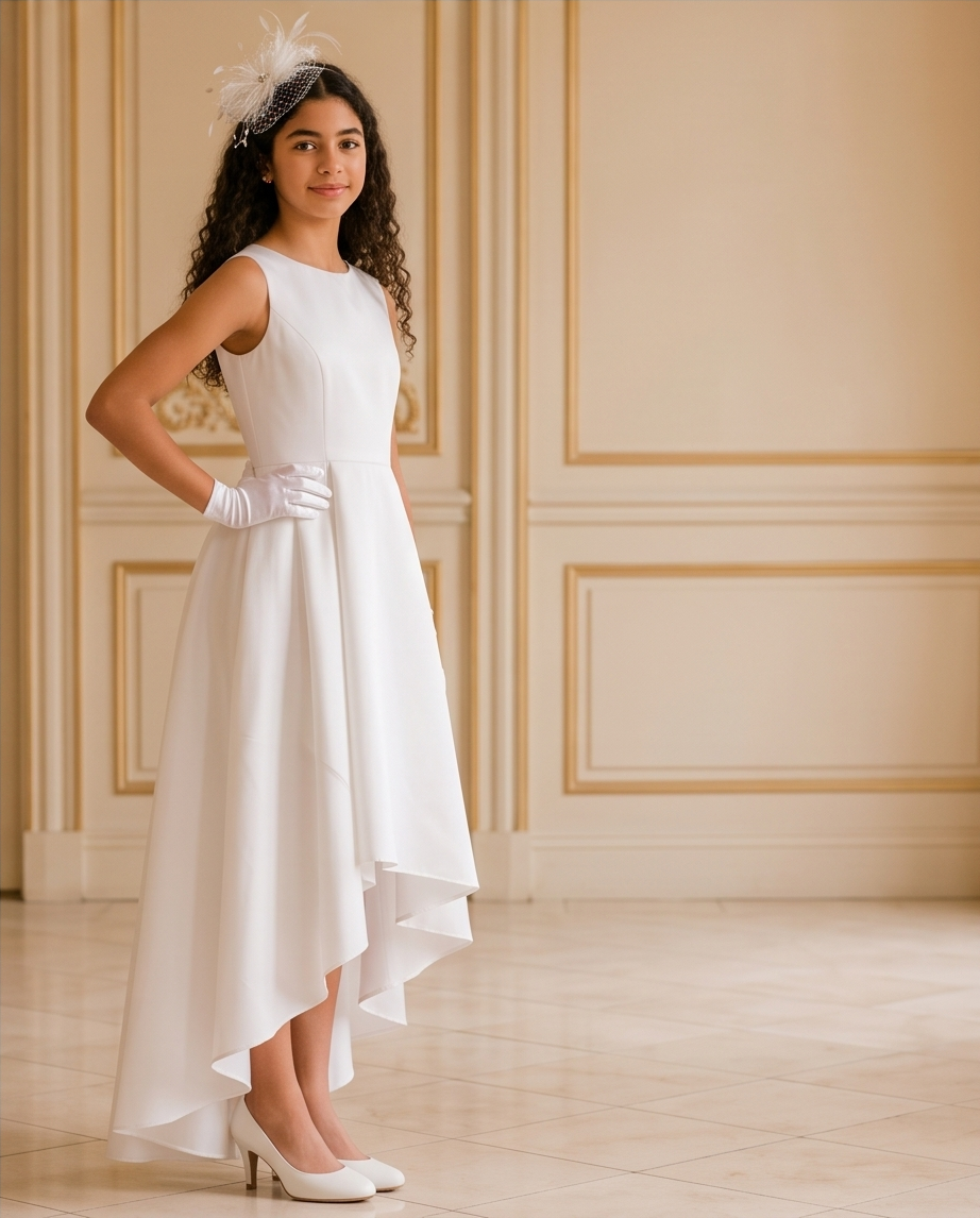 A young girl models a sleeveless white high-low formal dress with white gloves, white heels, and a matching white feather headpiece in an elegant room with beige paneled walls.