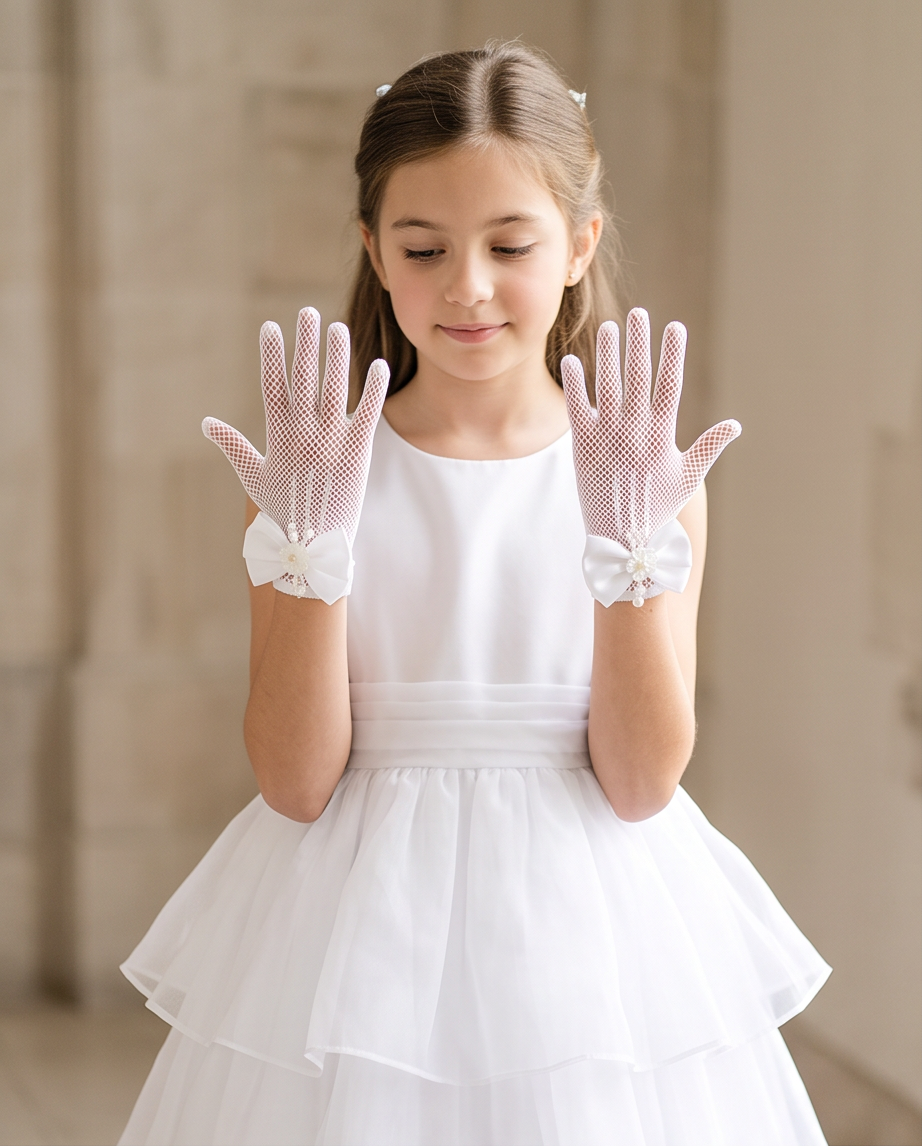 Pearl Lace Communion Gloves for Girls | White Formal Gloves