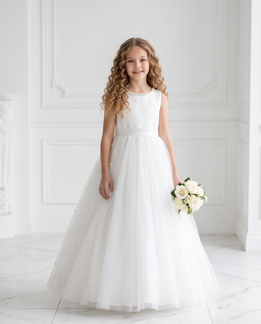 Girls White Pearl Neckline Satin & Tulle Dress with V-Back Bow