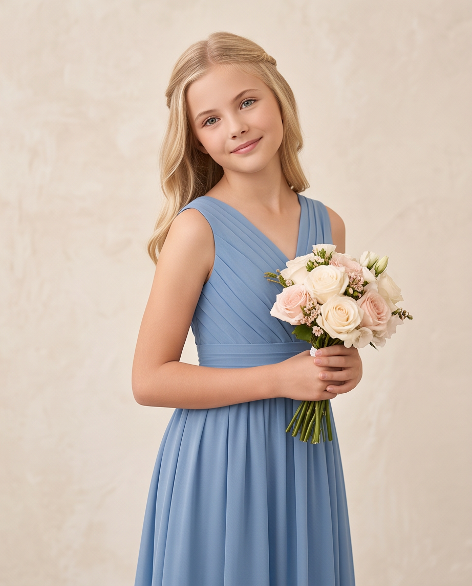 Girl wearing a dusty blue bridesmaid dress 
