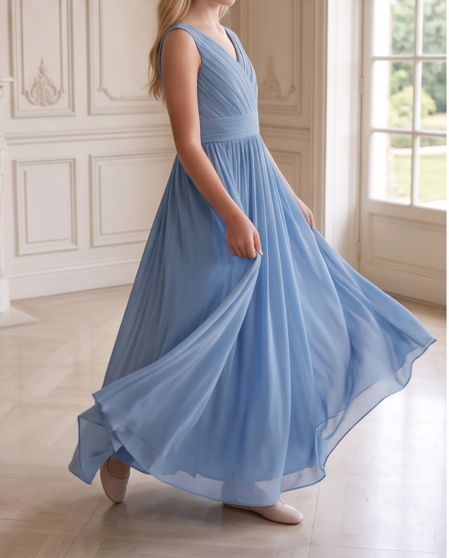Girl wearing a dusty blue bridesmaid dress 