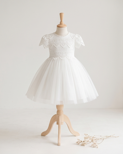 A white baby girl's party dress with a lace bodice, short cap sleeves, and a fluffy tulle skirt, displayed on a wooden dress form mannequin against a warm off-white background.