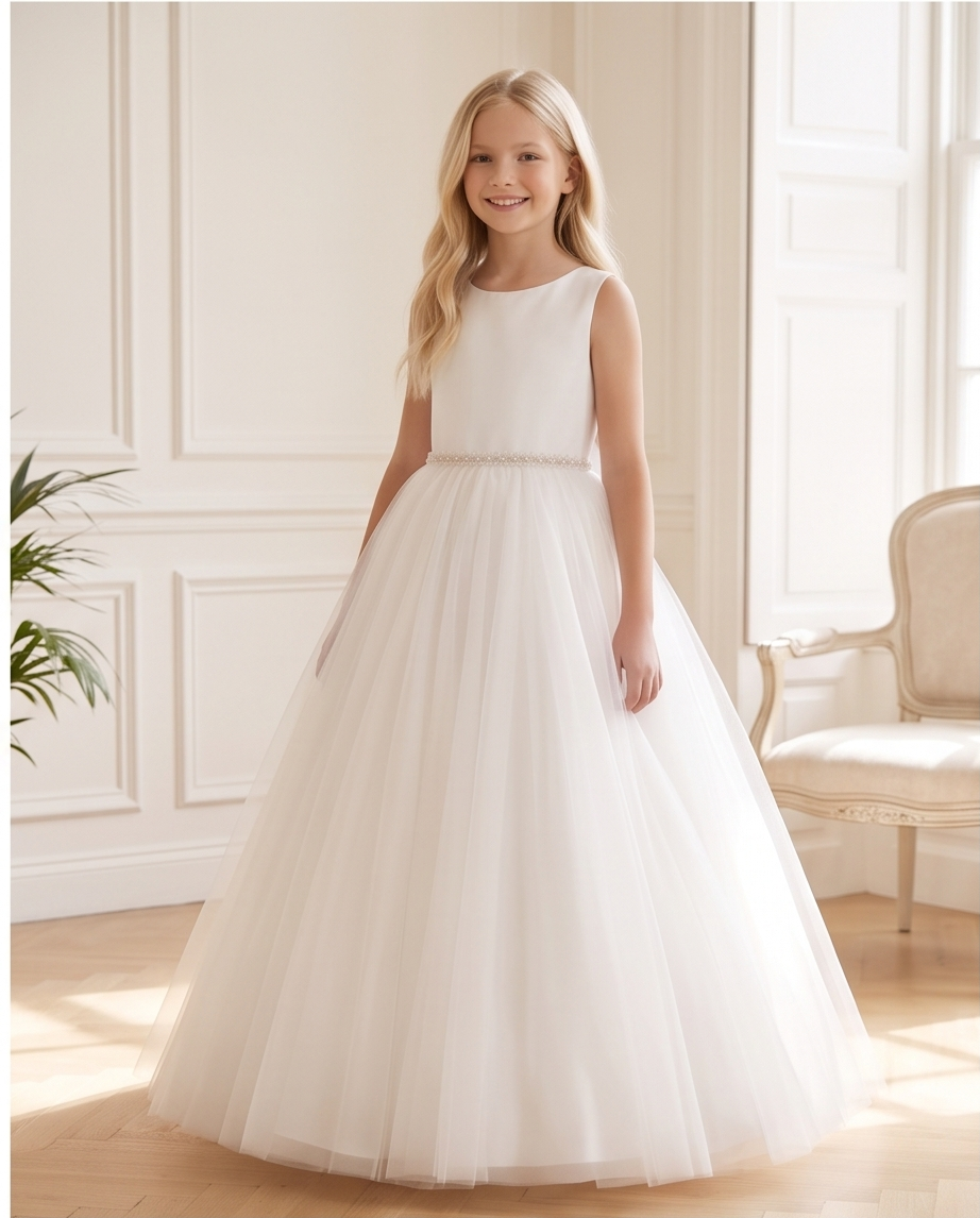 A young girl with long blonde hair stands in a bright, elegant room wearing a sleeveless white formal dress with a fitted bodice, a delicate beaded waistband, and a full tulle skirt.