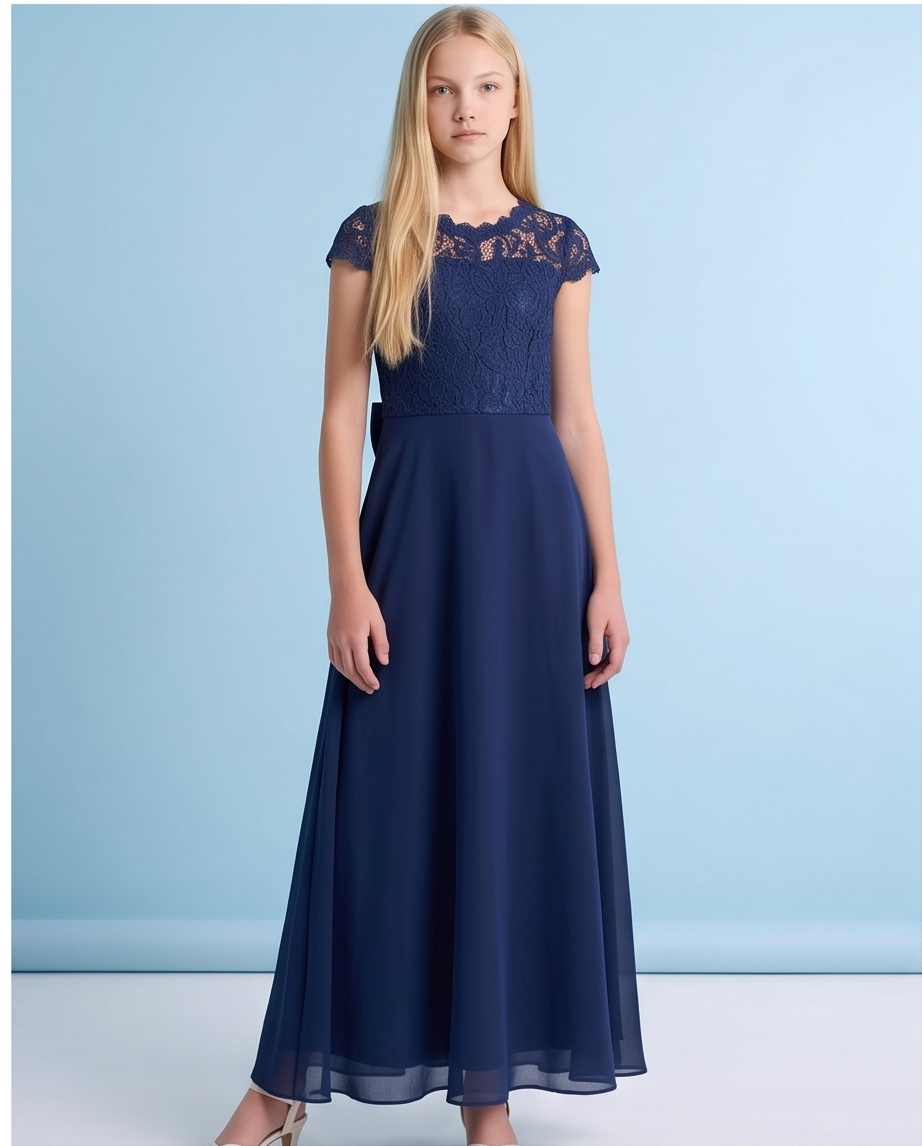 Navy Floral Lace Long Girls’ Occasion Dress