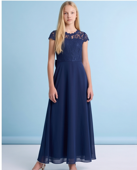 Navy Floral Lace Long Girls’ Occasion Dress