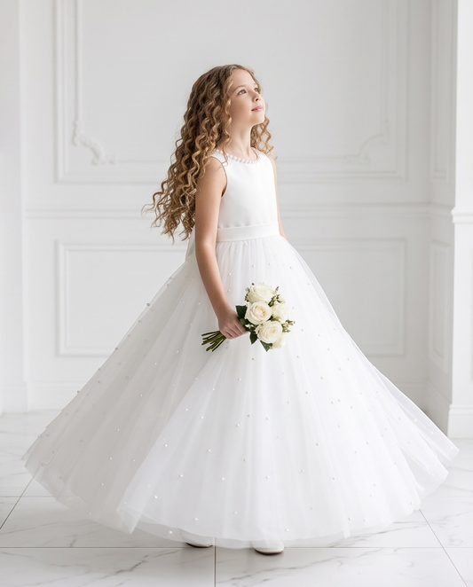 Girls White Pearl Neckline Satin & Tulle Dress with V-Back Bow