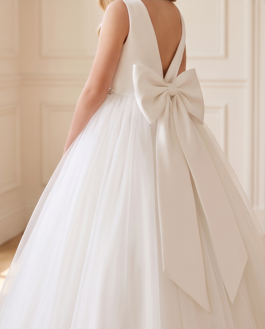 A child wearing a sleeveless white dress from the back, featuring a large satin bow at the back of the V-neckline and a full tulle skirt, set against a soft beige paneled wall.