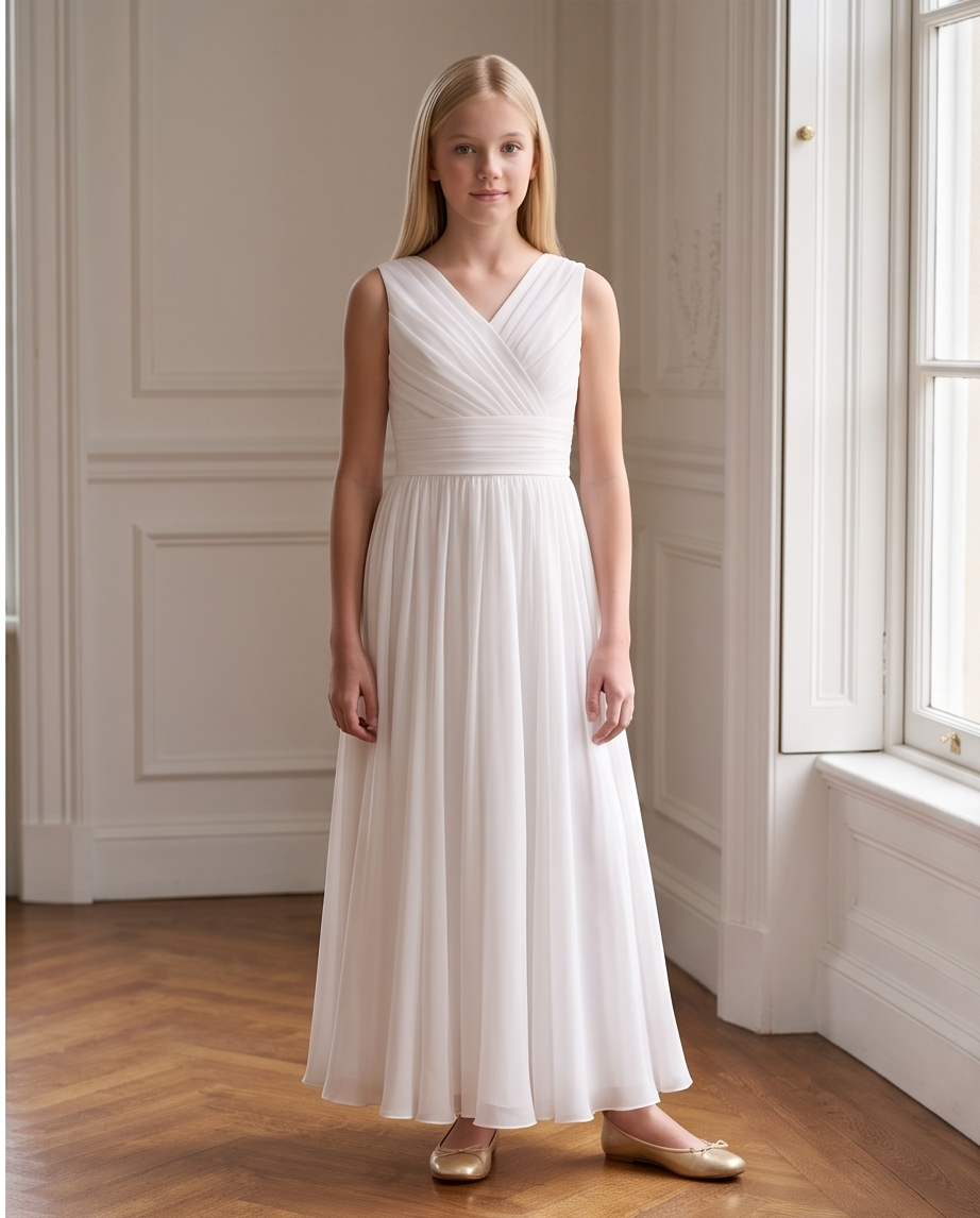 Girls White Chiffon Flower Girl Dress – Elegant Sleeveless Junior Bridesmaid Gown