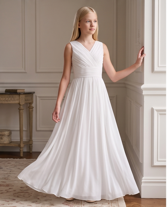 Girls White Chiffon Flower Girl Dress – Elegant Sleeveless Junior Bridesmaid Gown