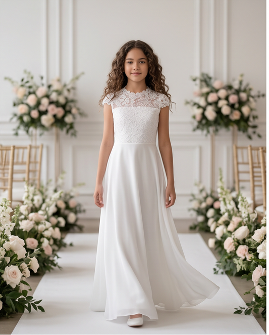 A young girl stands on a white aisle runner in a grand white wedding dress with a lace high neck and cap sleeves, surrounded by floral arrangements and gold chairs in a bright, elegant hall.