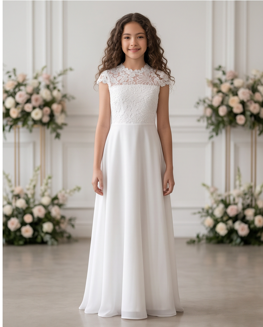 A young girl with long, wavy brown hair stands wearing a floor-length white A-line dress with a lace cap and a flowing chiffon skirt. She is posed in a bright, elegant room with white paneled walls and floral arrangements in the background.