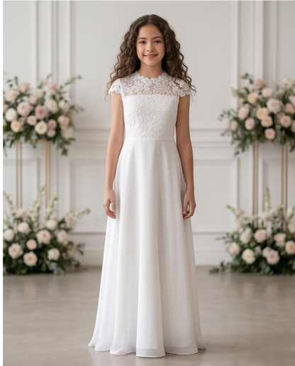 A young girl with long, wavy brown hair stands wearing a floor-length white A-line dress with a lace cap and a flowing chiffon skirt. She is posed in a bright, elegant room with white paneled walls and floral arrangements in the background.