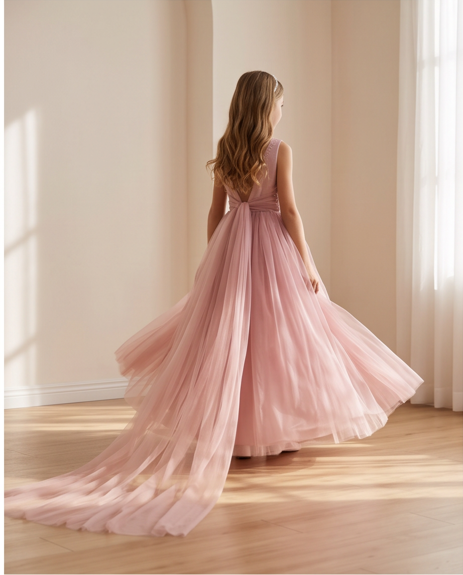Elegant Dusty Pink Tulle Flower Girl Dress for Girls