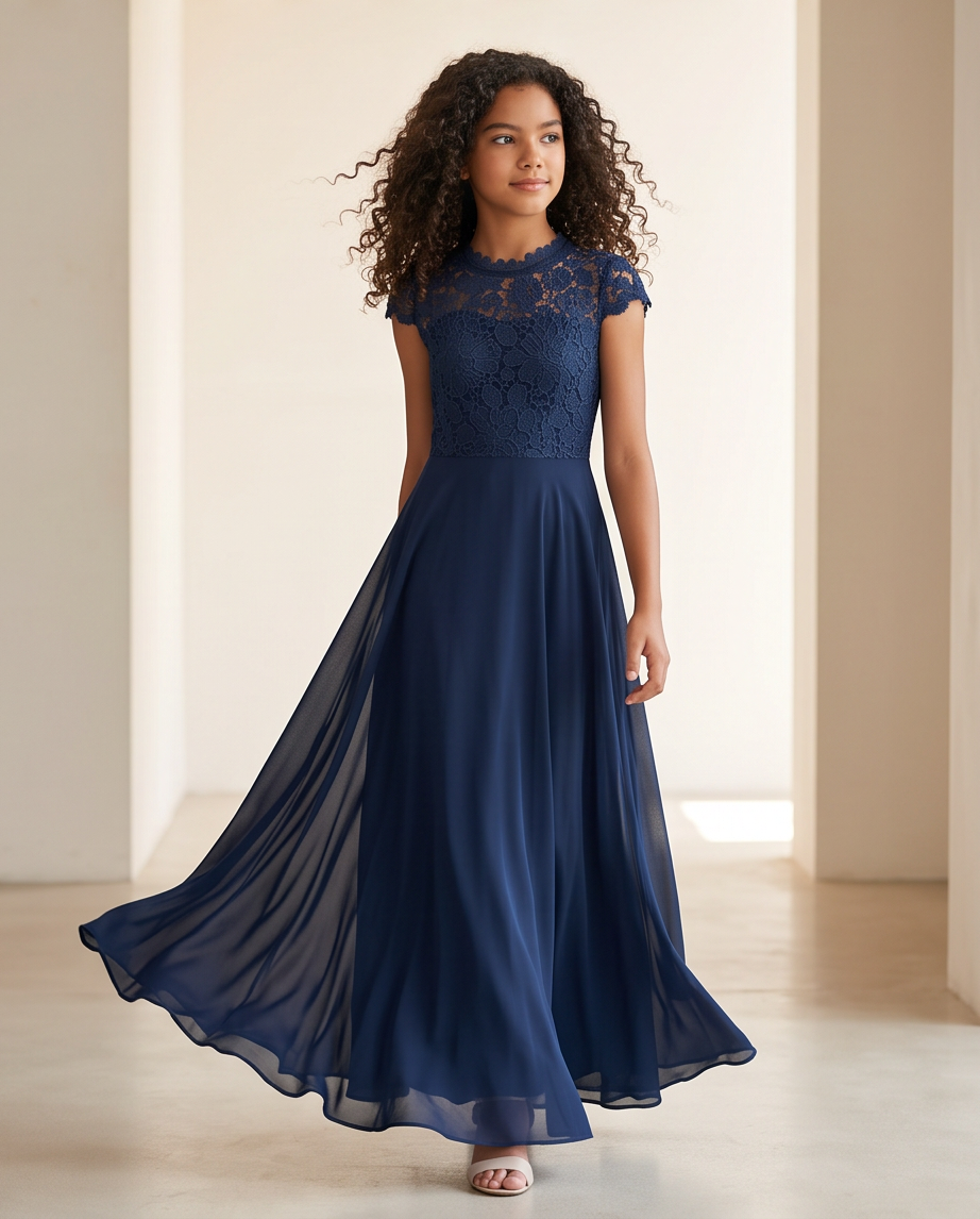 A young woman with curly dark hair wearing a navy blue lace and chiffon maxi dress, standing in a brightly lit indoor hallway with beige walls.