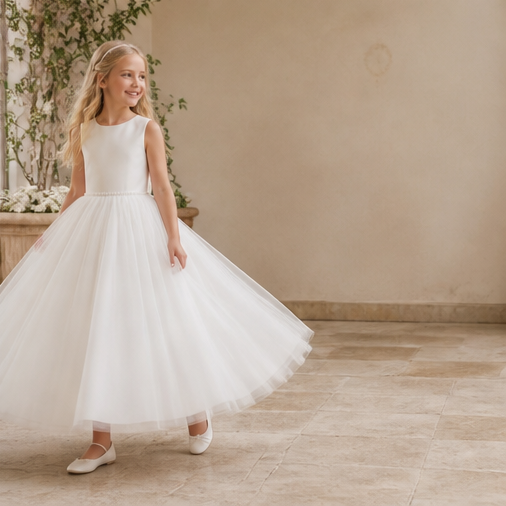 A young girl with blonde hair wearing a sleeveless white first communion dress with a full tulle skirt and white flats, standing in a warm beige indoor setting with tiled floors and a wall.