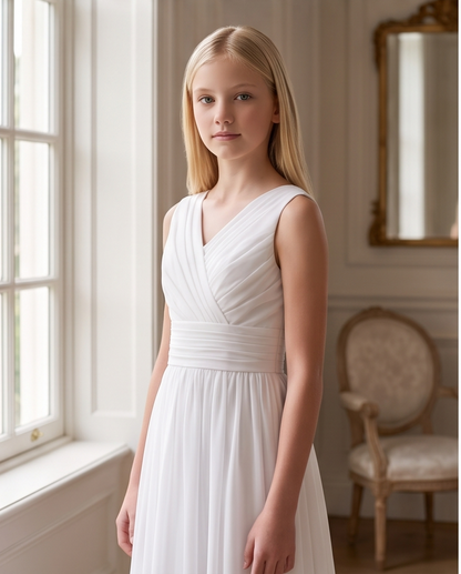 Girls White Chiffon Flower Girl Dress – Elegant Sleeveless Junior Bridesmaid Gown