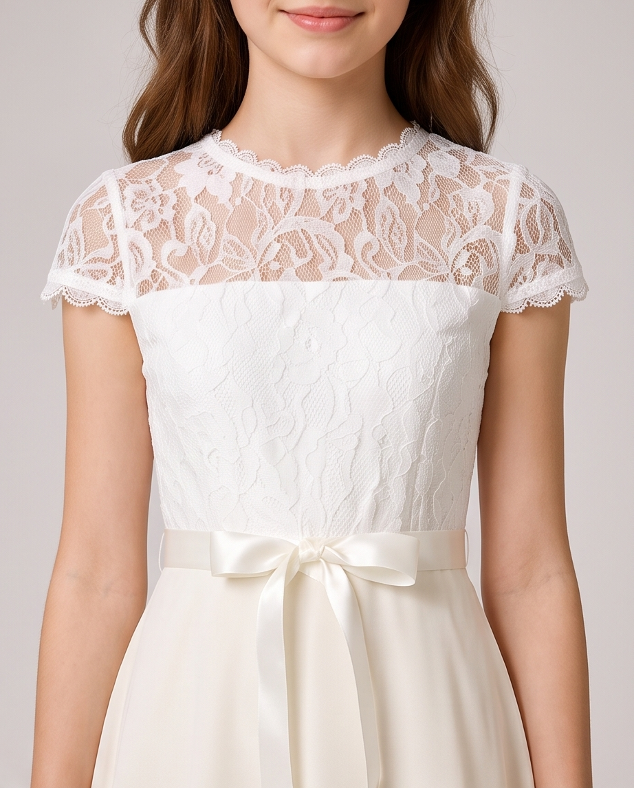 A close-up of a model wearing a white lace and satin dress with a matching satin bow belt at the waist, set against a plain light gray background.