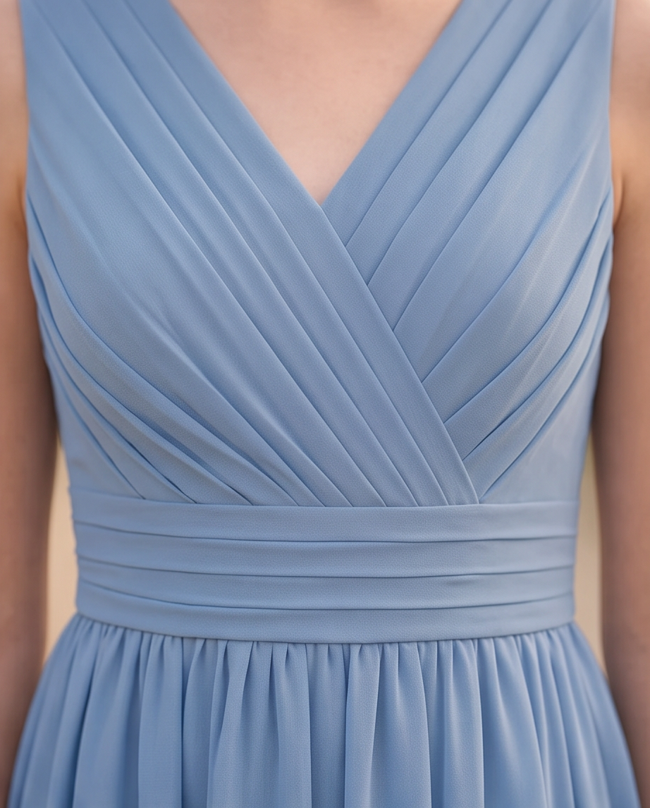 Girl wearing a dusty blue bridesmaid dress 