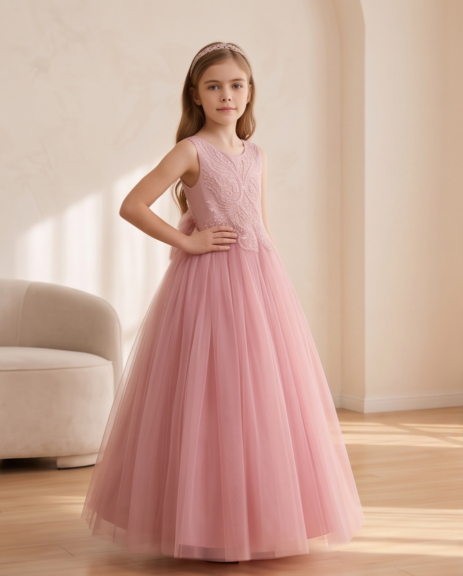 Elegant Dusty Pink Tulle Flower Girl Dress for Girls