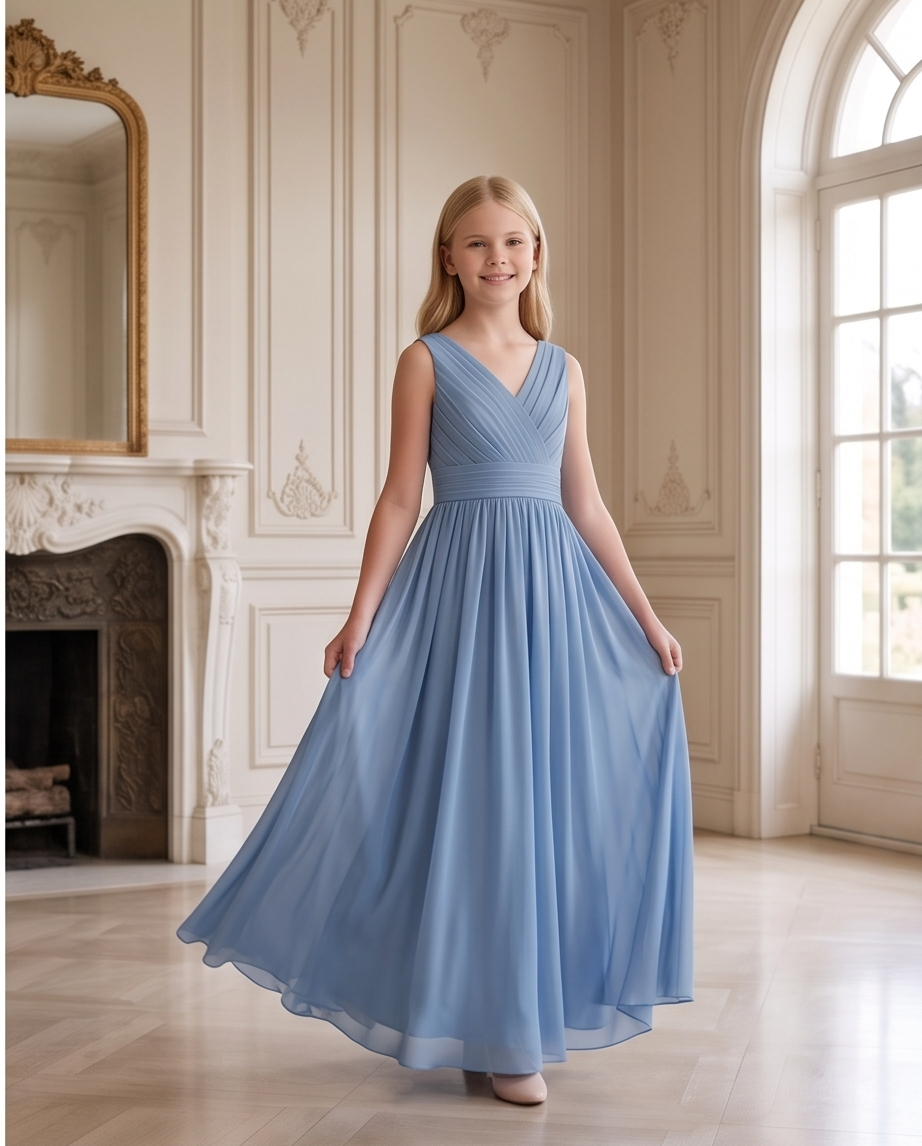 Girl wearing a dusty blue bridesmaid dress 