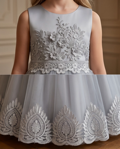 Vivienne Lace Flower Girl Dress for Girls | White & Grey Formal Dress