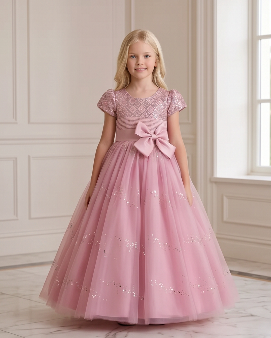 A young girl with blonde hair stands in a grand, elegant room wearing a formal pink ball gown. The dress features a lace bodice with a large pink bow at the waist, short puff sleeves, and a full tulle skirt decorated with subtle silver glitter.