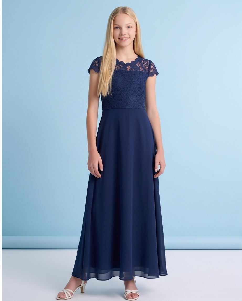 Navy Floral Lace Long Girls’ Occasion Dress