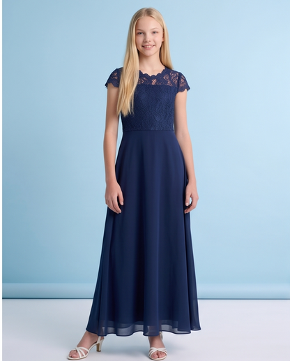 Navy Floral Lace Long Girls’ Occasion Dress